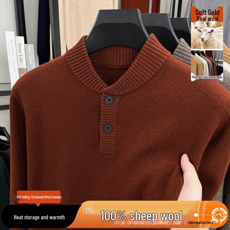 Men's Wool Sweater - Half-Button, Half-High Collar, Long Sleeve, Casual Knitwear for Autumn/Winter