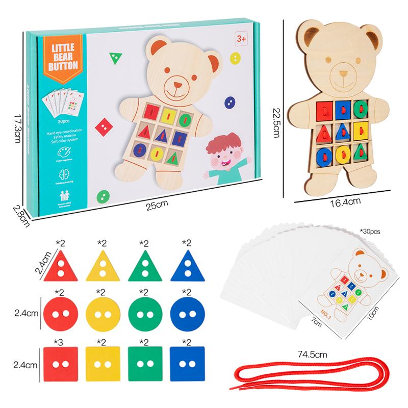 

Montessori Bear Button Threading Fine Motor Training Toy Rope Threading Shape Color Matching Logical Thinking Puzzle Board Game