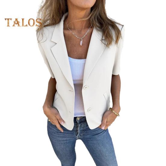 

Летний пиджак с лацканами, коротким рукавом, пуговицами, планкой, женский пиджак, однотонный, универсальный, деловая верхняя одежда XL белый