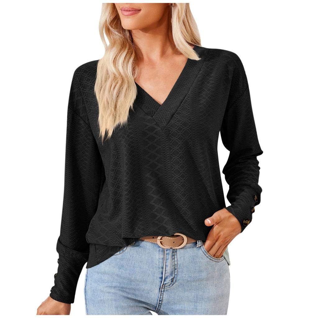 Women's Casual Fashion Colour V-Neck T-Shirt Button Decoration Loose Top