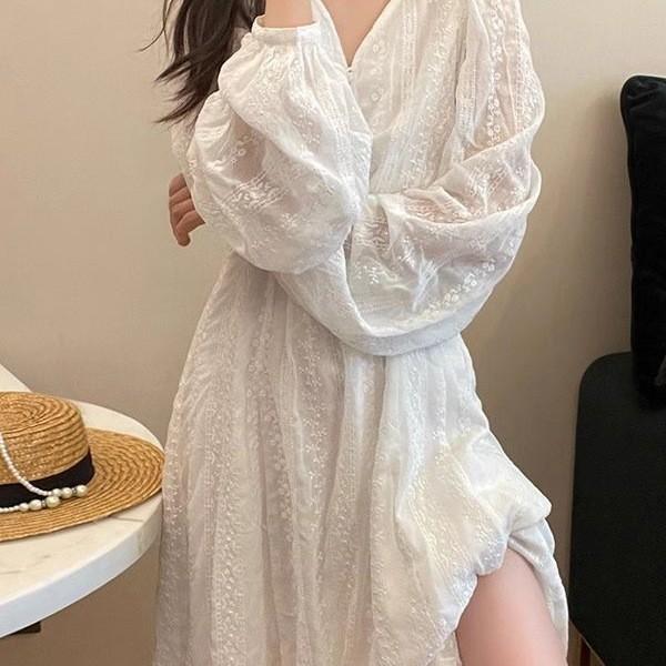 Floral Long Sleeve Dress With Embroidery For Vacation And Casual Wear
