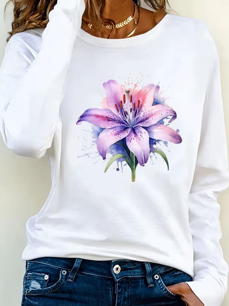 (Asian Size) watercolor flower 90s Clothing Casual  Tee Lady Printed o-neck Long Sleeve T Shirt Women Female Fashion Top Graphic T-shirts