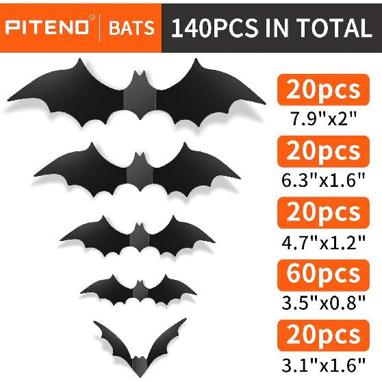 Piteno® 140Pcs Bats Halloween Decorations Party Supplies, Realistic PVC 3D Black Scary Bat Stickers for Creepy Home Decor Halloween Party