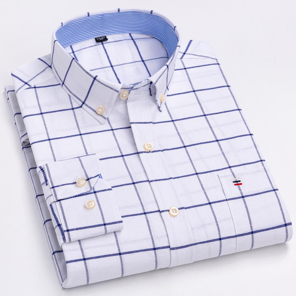 Men's Oxford Long Sleeve Shirt 100% Cotton Wrinkle Resistant & Breathable, Solid Plaid Striped Comfort Casual Button-down Shirts