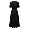 Women's Casual V Neck Dress with Gathered Puff Sleeves and Flared Hem Short Sleeve Midi Dress with Pockets