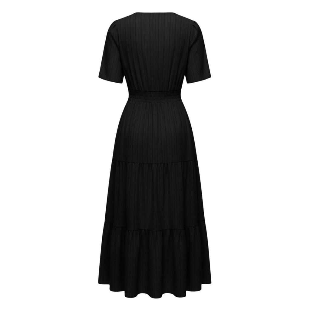 Women's Casual V Neck Dress with Gathered Puff Sleeves and Flared Hem Short Sleeve Midi Dress with Pockets
