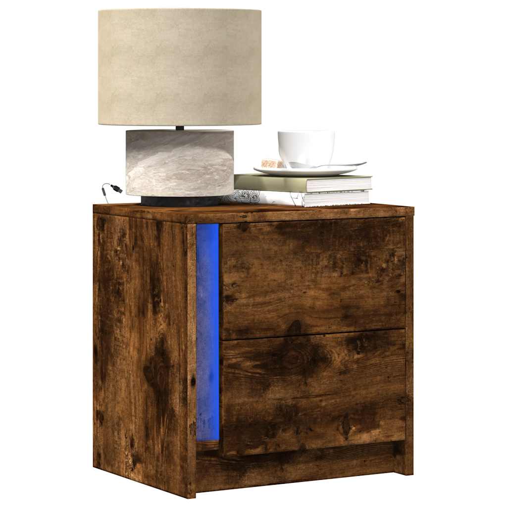 Vidaxl Bedside Tables with LED Lighting, 2 Pcs., Smoked Oak
