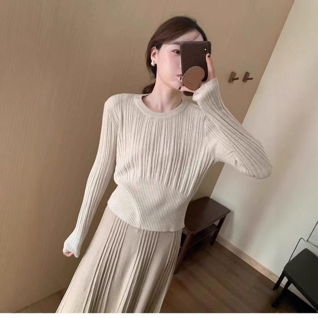 Waist-cinching design slimming crew neck knit base shirt, autumn/winter new solid color casual inner knit sweater for women