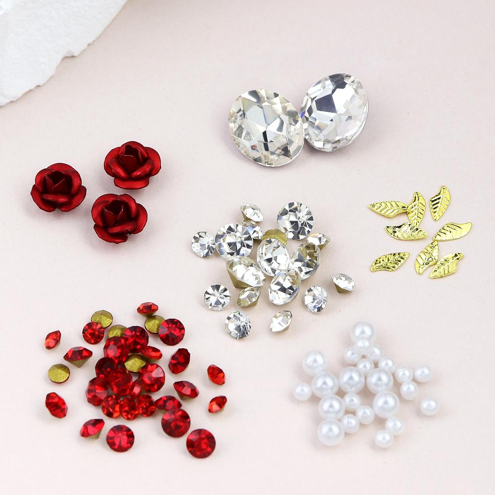 1pc Red 3D Alloy Rose Flower Nail Rhinestone Decoration Mix Simulation Pearls Charms Nail Accessories Valentine Manicure Supplies