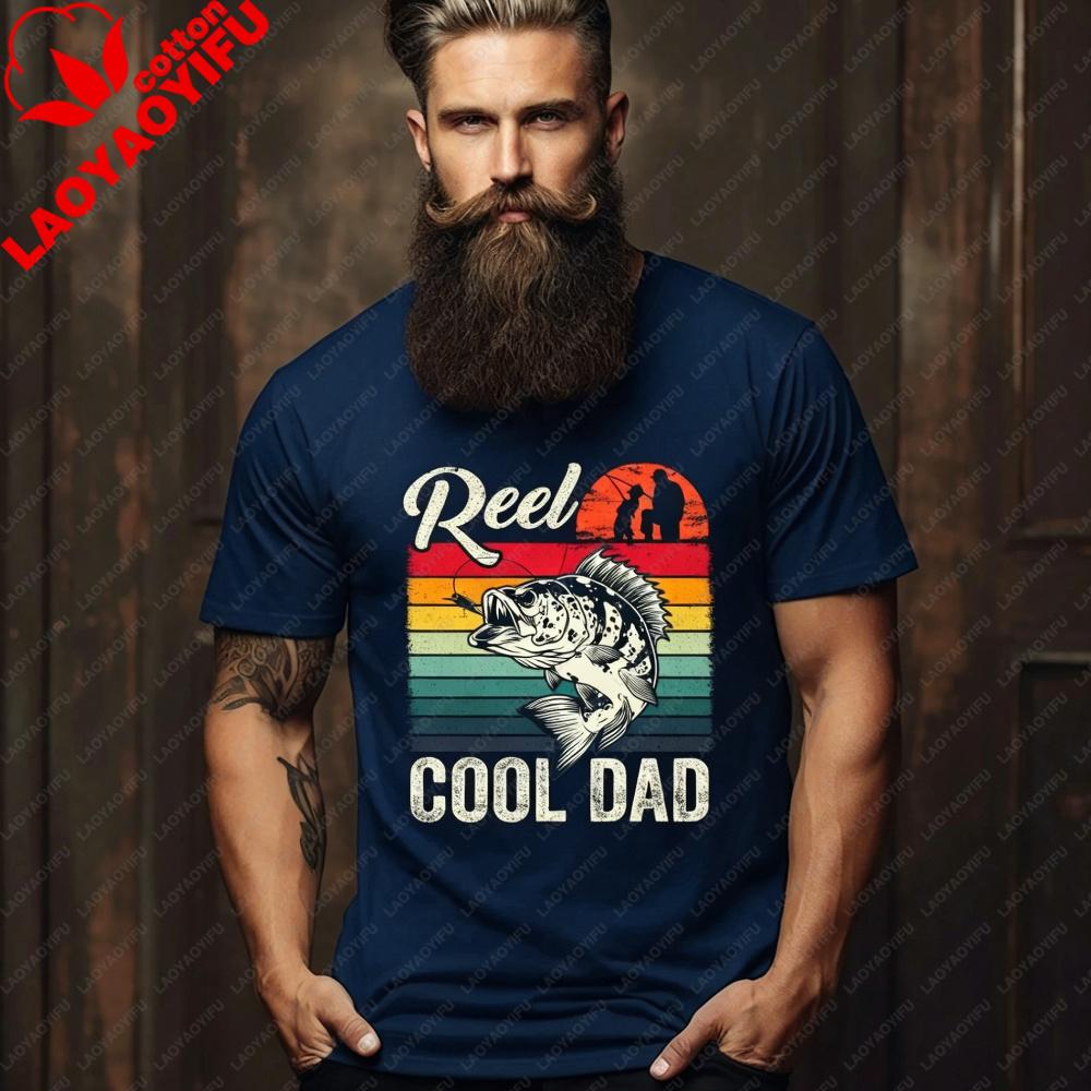 Retro Reel Cool Dad Fishing T-Shirt Vintage Sunset Stripes Bass Fish Print Shirtunisex Summer Casual Crewneck Cotton Short Sleeve