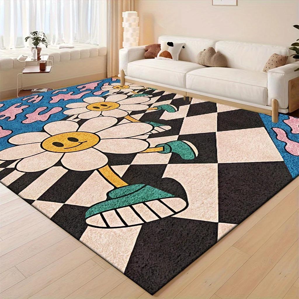 Exquisite Cartoon Daisy Flower Carpet Mat Rug Letter Print Home Decoration for Living Room Playful Checkerboard Design Floor Mat