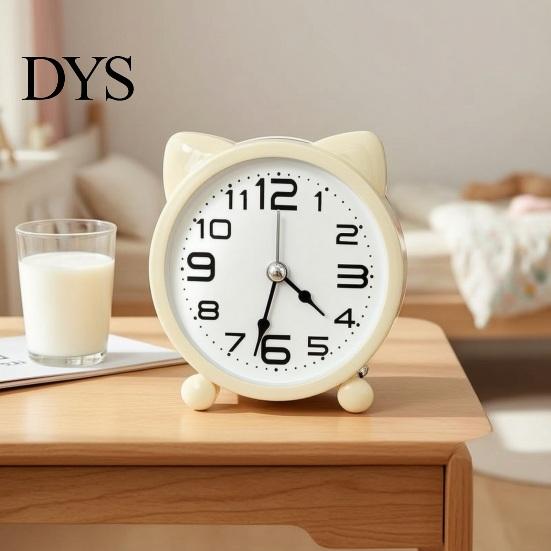 Battery Powered Clock Cat Ear Alarm for Kids, Silent Non-Ticking Metal Analog Quiet Clock, Home Office Desk Decor Decorative Table