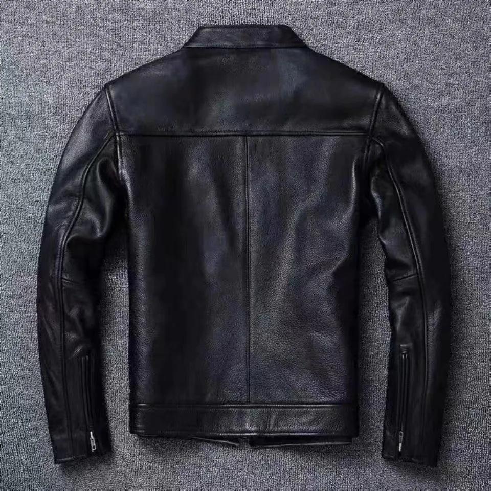 Pánská hovězí kůže Slim Fit límeček na motocykl Pánská kožená bunda Měkká hovězí kůže velká bunda FashionV