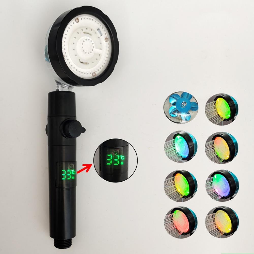 LED Digital Temperature Display Shower Head Temperature Control Colorful Fan High Pressure Rainfall Showerhead With Stop Button