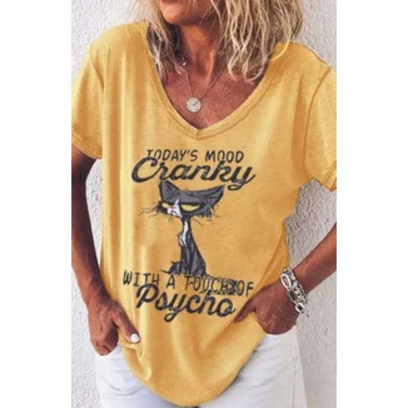 Women's Casual T-shirt Top New V-neck T-shirt Loose Short Sleeved 3D Digital Printed Cat Pattern T-shirt