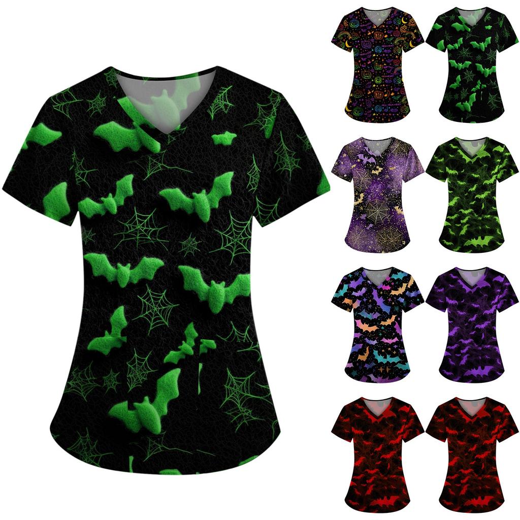 Plus SizePrinted Scrub Working Uniform Tops For Women's Cross V-Neck Halloween Print Short Sleeve Fun T-Shirts Workwear Tee With Pockets