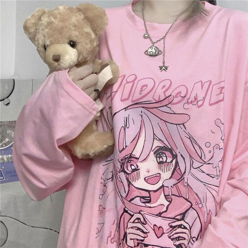 Y2K Anime Kawaii Oversized Casual Cute Tops Summer Fashion Punk O-Neck Short-Sleeves Unisex Streetwear T-shirt Women Wild Tops