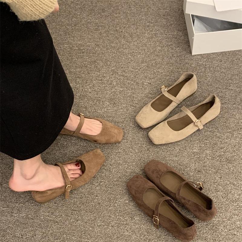 Suede Lazy One-word Strap Single Shoes Female 2025 Spring Grandma Shoes Female Flat-bottomed Pregnant Woman Fairy Wind Shallow Mouth Mary Jane Shoes