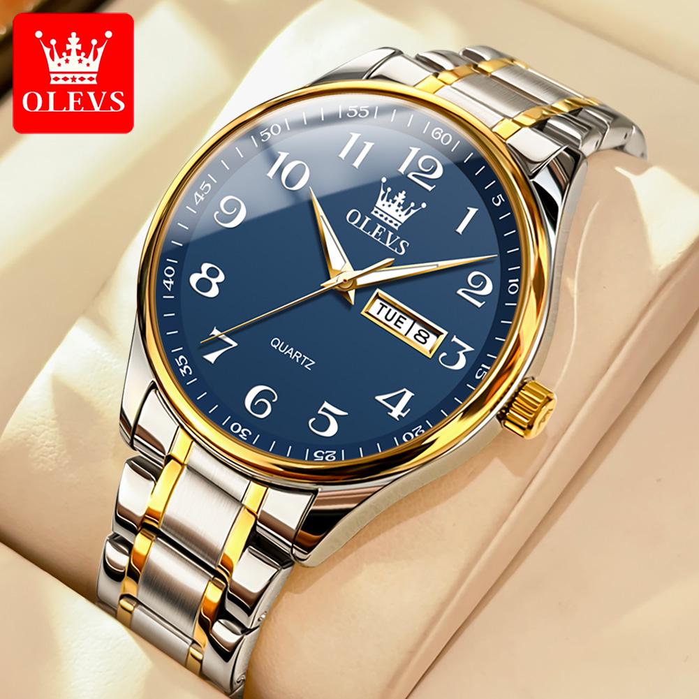 OLEVS 5567 Top Men's Watches Waterproof Gold Stainless Steel Watch Strap Quartz Watch Dual Calendar Luminous Fashion Wristwatch