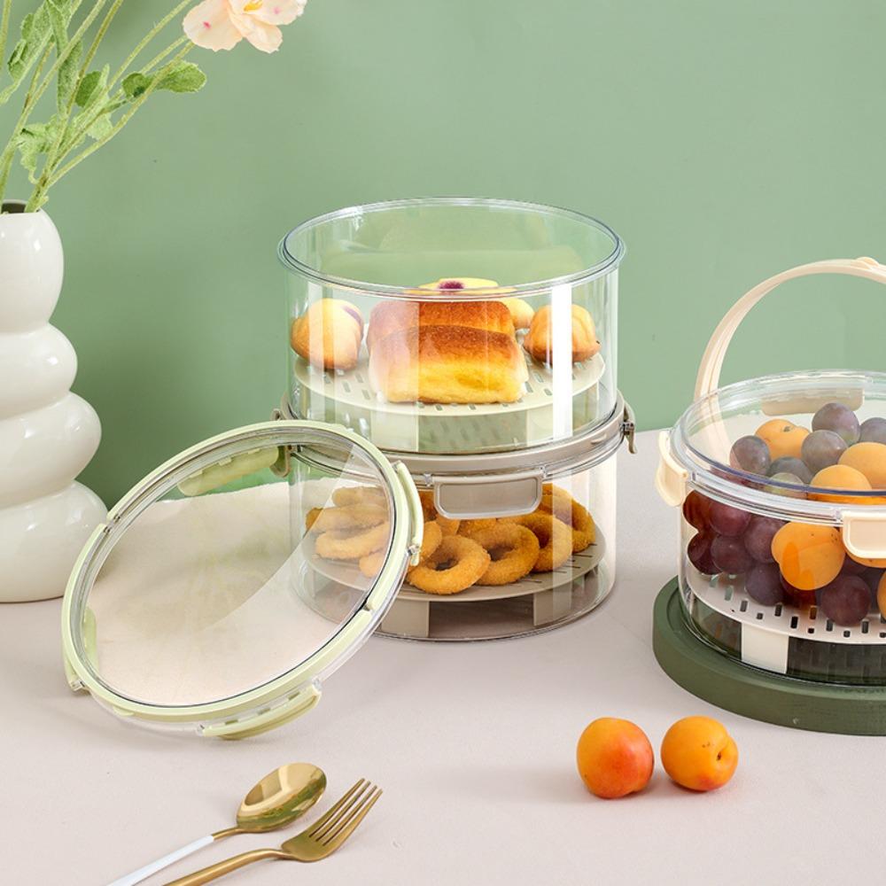 Luftdichte Camping-Obstbox mit Sieb, rund, faltbarem Griff, transparent, großes Fassungsvermögen