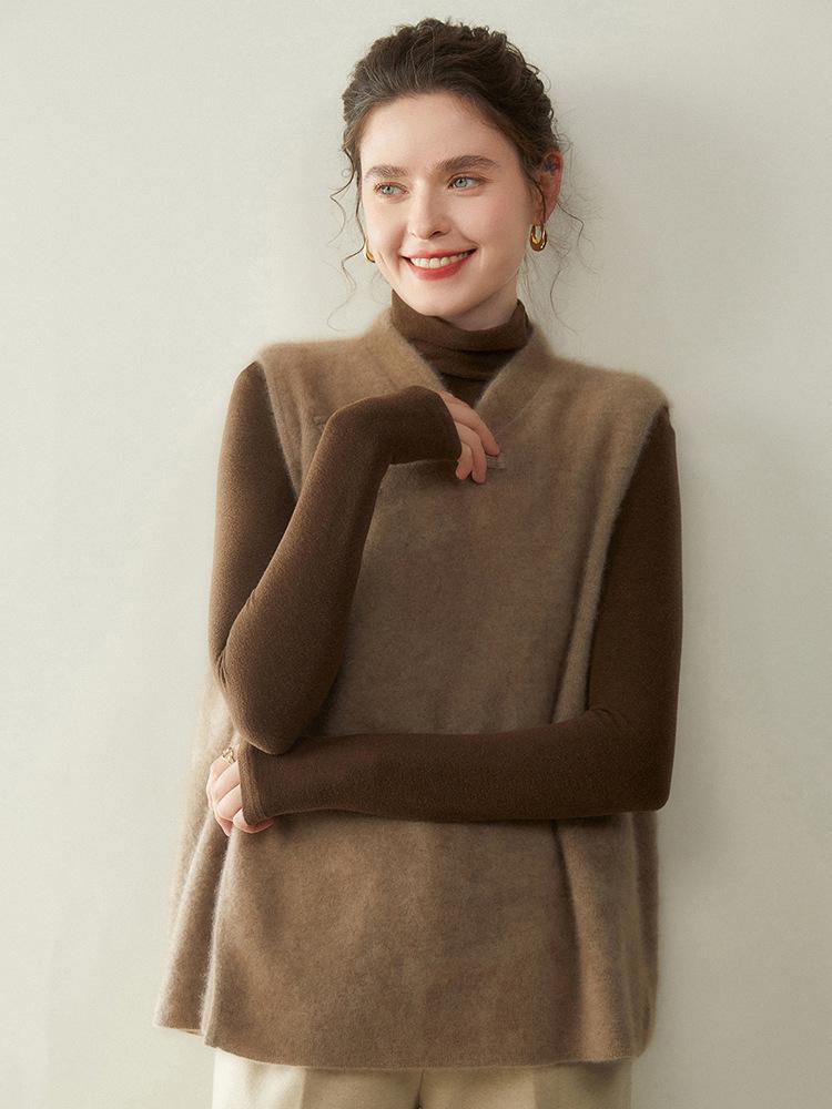 Women's Cashmere Frog Button Chinese-Style Knit Shawl Vest