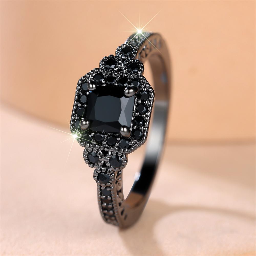 Antique Black Stone Square Zircon Rings For Women Vintage Trendy Black Metal Engagement Ring Wedding Jewelry Mother's Day Gifts