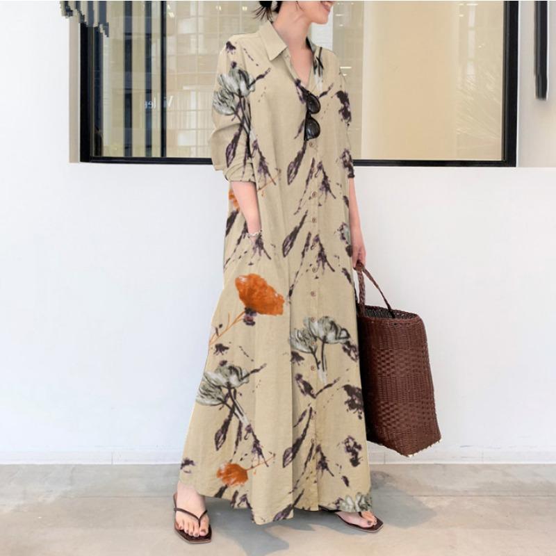 

Cotton and linen color lapel collar long sleeve pocket loose casual long cardigan dress temperament commuting S бежевый