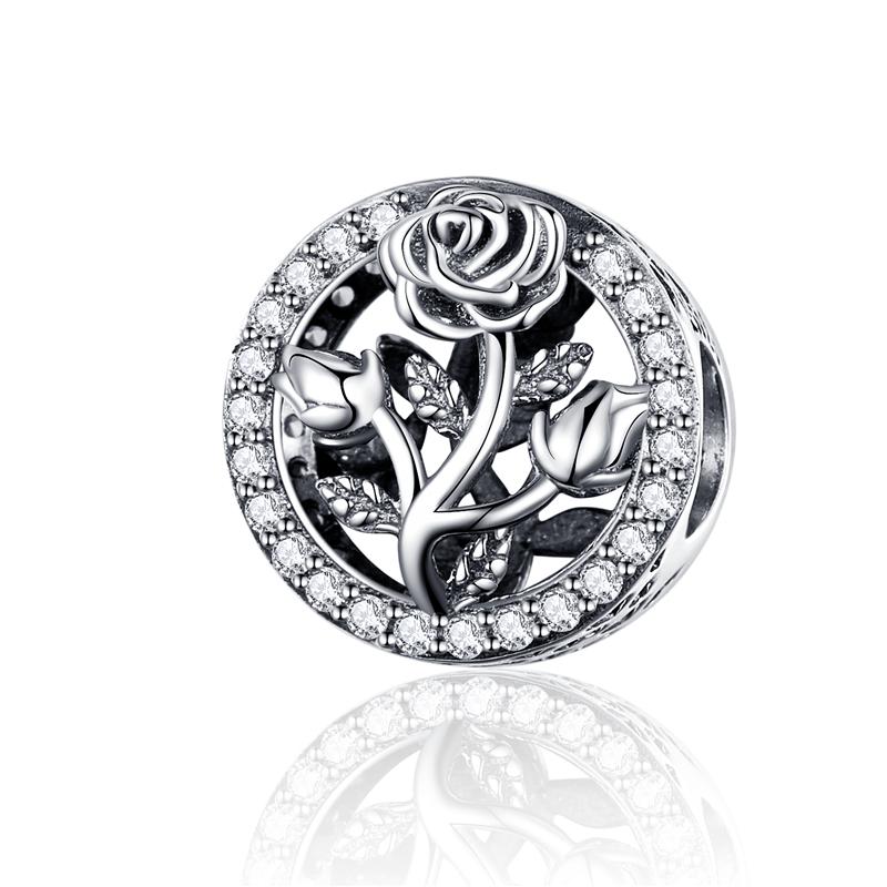 WOSTU Vintage 925 Sterling Silver Full of Zircon Flower Beads Moon Heart Charm Fit Original Bracelet DIY Necklace Jewelry Making