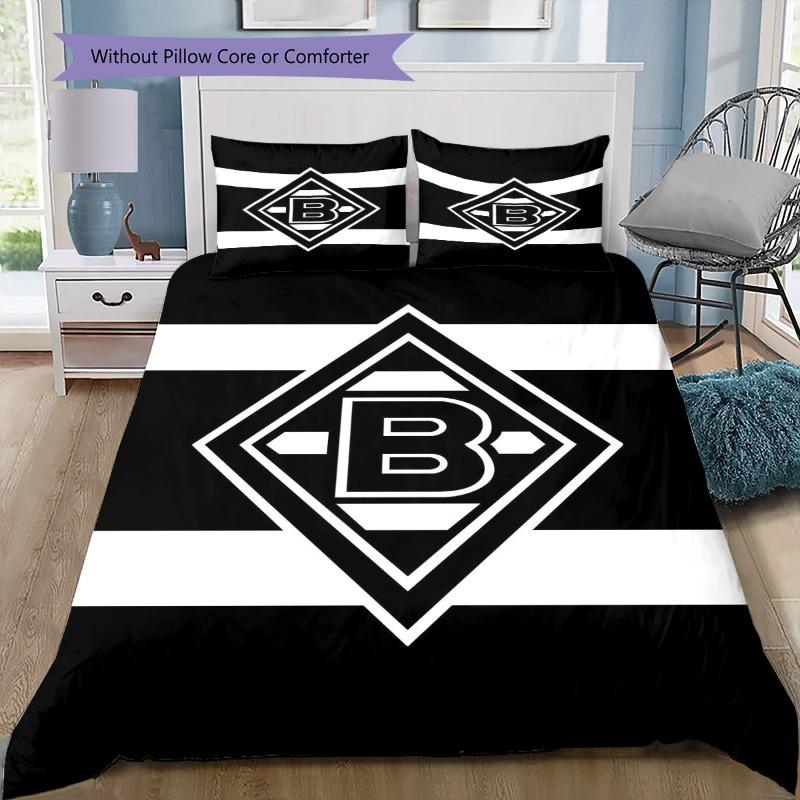 Borussia Monchengladbach Black White Stripe Logo 3Pcs Bedding Set, Duvet Cover & 2 Pillowcases, Football Bed Linens, No Comforter No Pillow Core