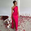 Split Satin Dress2025 Fashion Summer Elegant Sexy Silm Diagonal Shoulder Split Satin Dress