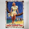 Vintage Great Barrier Reef Queensland Australia Travel Metal Tin Sign, Beach Holiday Poster with Cheerful Blonde Woman Decor for