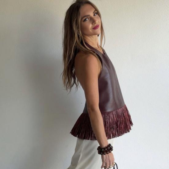 Dámský crop top s třásněmi z umělé kůže, na šňůrku za krk, bez zad, bez rukávů, na večer s třásněmi, sexy klubové, rave, koncertní oblečení