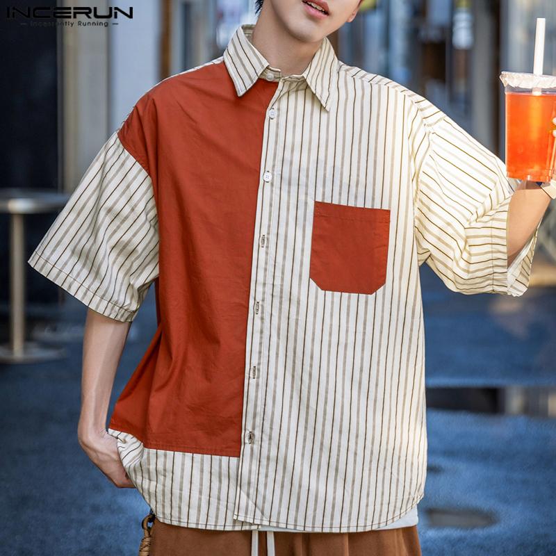 INCERUN Men Striped Shirts Casual Short Sleeve Patchwork Buttons Up Tops
