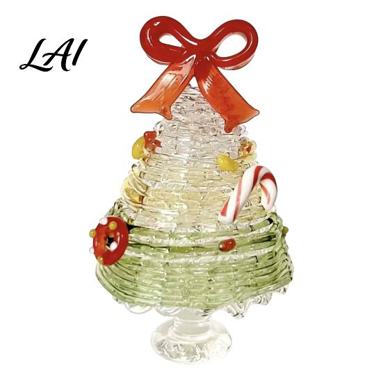 Christmas Table Centerpiece Glazed Tree Figurine Colorful Miniature Xmas Decor Handcrafted Small Ornament for Desk Glass Home Office Holiday