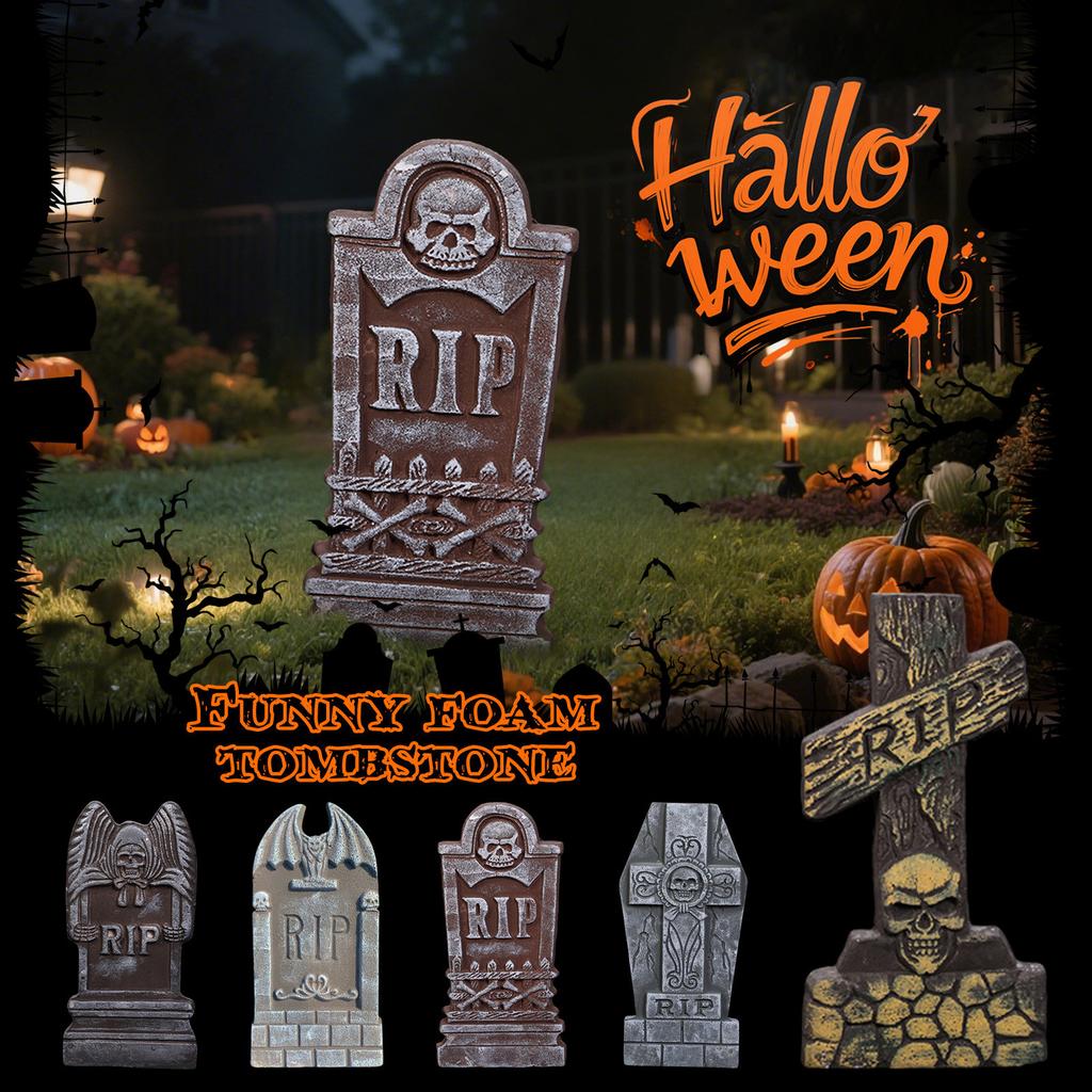 Halloweenský pěnový náhrobek na hřbitov, Halloweenský náhrobek venkovní dekorace pro hrobovou výzdobu s 12 kovovými kolíky pro hřbitovní dvůr, party dekorace