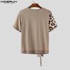 INCERUN Men V Neck Short Sleeve Leopard Patch Bow Knot Casual T-shirts