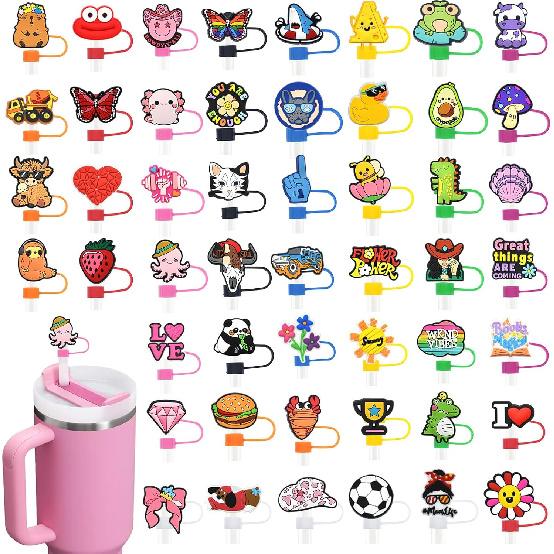 Straw Toppers for Stanley Cup 50PCS Random Different Straw Covers Cap for Tumbler Bulk Cute Funny Stanley Cup Accessories fit 0.4in/10mm and 30&40 Oz