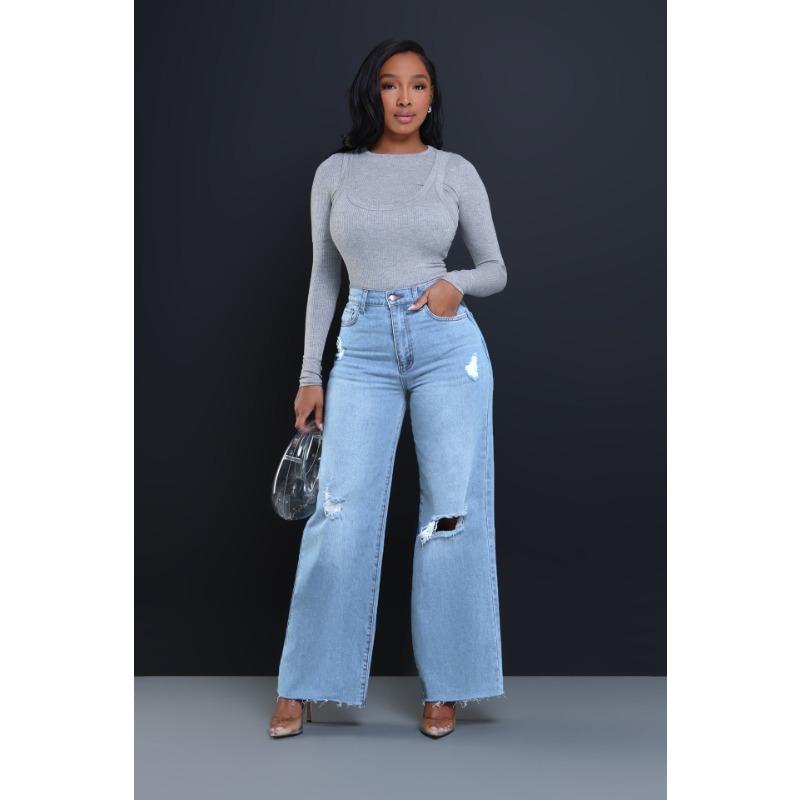 

Stand New Street Ripped Jeans Women s High Waist Loose Straight Wide Leg Pants XL светло-синий