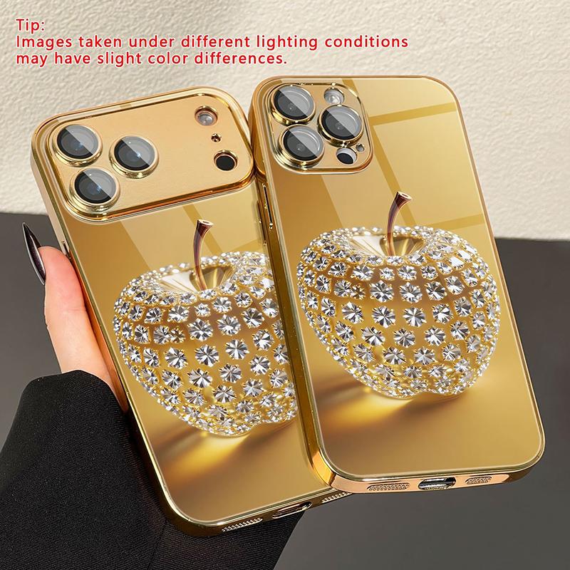 Diamond Gold Apple Pattern Gold Metallic Paint Glass Phone Case For iPhone 17 Pro Max 11 12 13 14 15 16 Plus 17 Air 16E Cover
