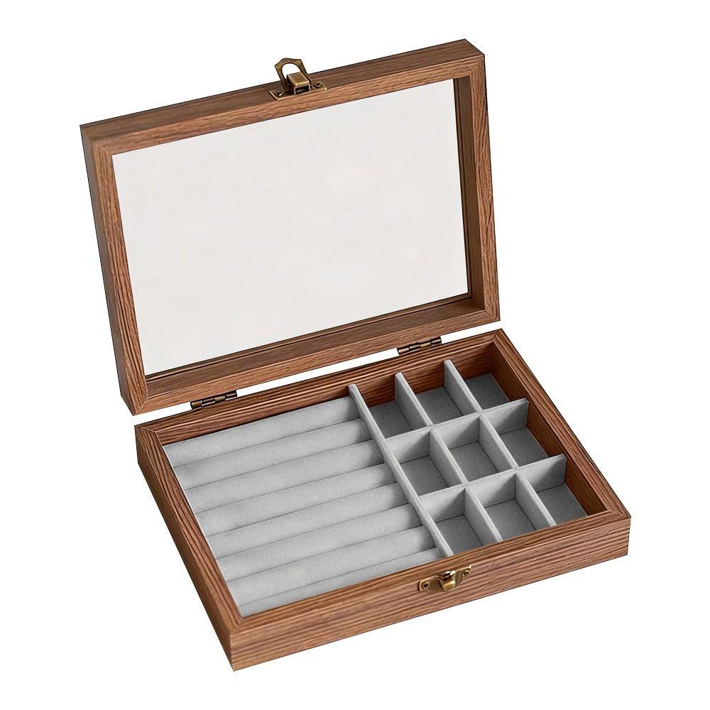 Walnut Color Jewelry Storage Box Dust-proof Design Velvet Material Ring Storage Box Vintage Style Light Luxury Packaging