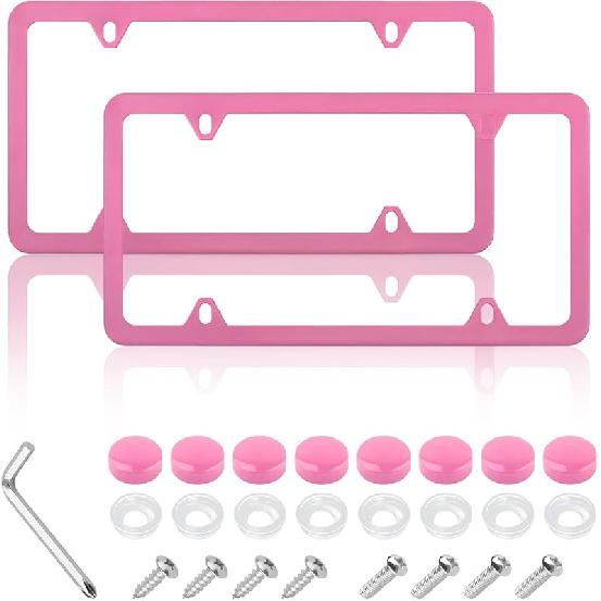 2PCS Colorful Car License Plate Frames With Gaskets Screws & Caps,Stainless Steel 4 Holes License Plate Holder Fits U.S. Standard,Universal Car