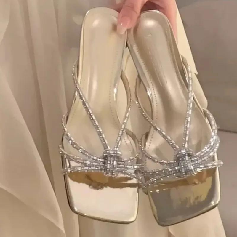 Summer New Style Mid-heel Shoes Women's Square Head Shallow Mouth Crystal Fine Strap Set Foot Slip-resistant Wear Slippers