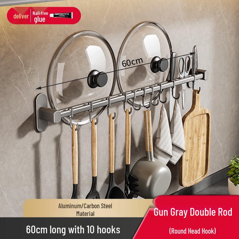 Wall-Mounted Kitchen Storage Rack, Punch-Free, Gun Gray, Knife Holder & Multi-Functional Seasoning Organizer.