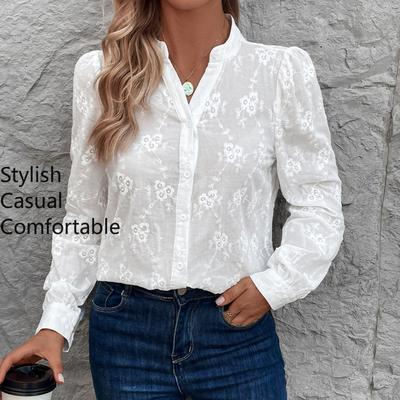 Damenmode Casual Frühling Herbst Einfarbig Blumenmuster Druck Langarm Stehkragen Blusen & Hemden