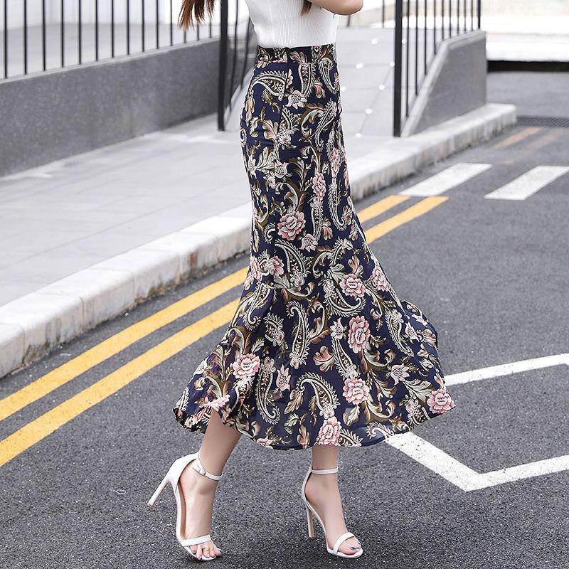 

Летняя женская шифоновая юбка с разрезом половинной длины, юбка с запахом и цветочным принтом, высокая талия, длинная юбка с рыбьим хвостом 2XL