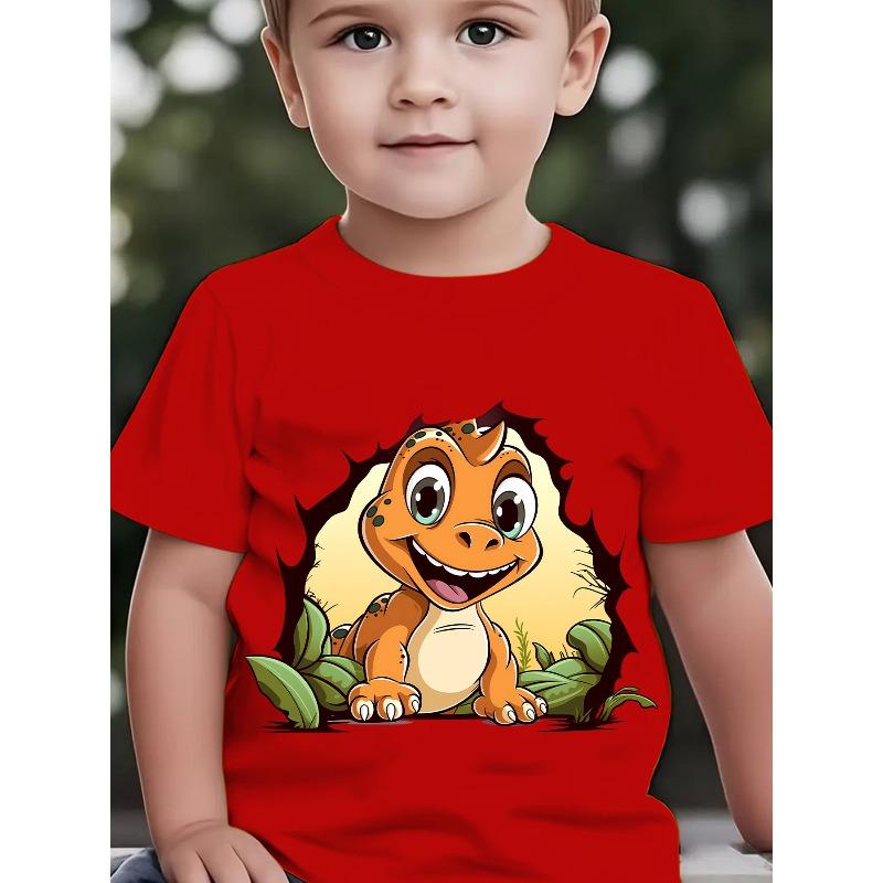 Boys Summer Crewneck T-Shirt, Cartoon Dinosaur Crawling Out From Hole Print Casual Outdoor Short Sleeve Kids Top