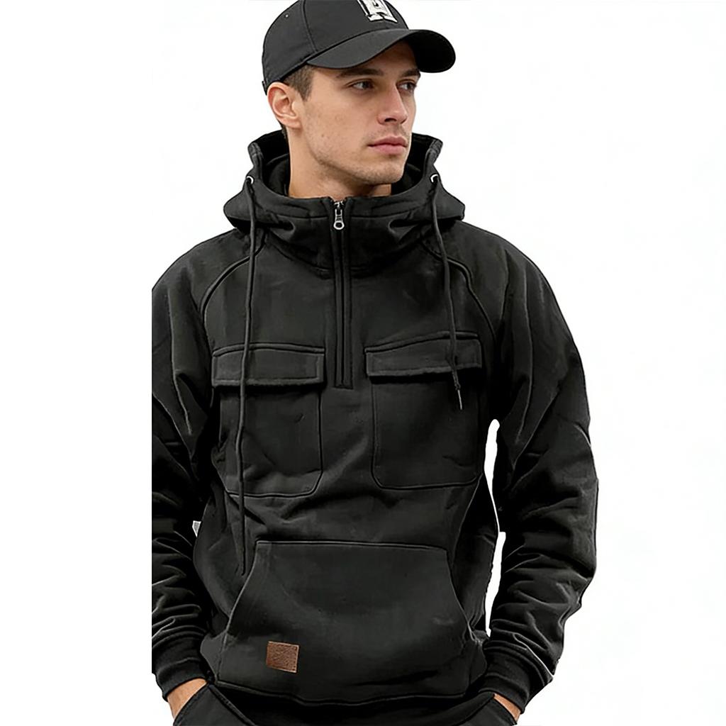 Neue Mode Mit Kapuze Warm Dick Männer Hoodie Locker Mehrere Taschen Einfarbige Langärmel Winter Freizeit Sweatshirt