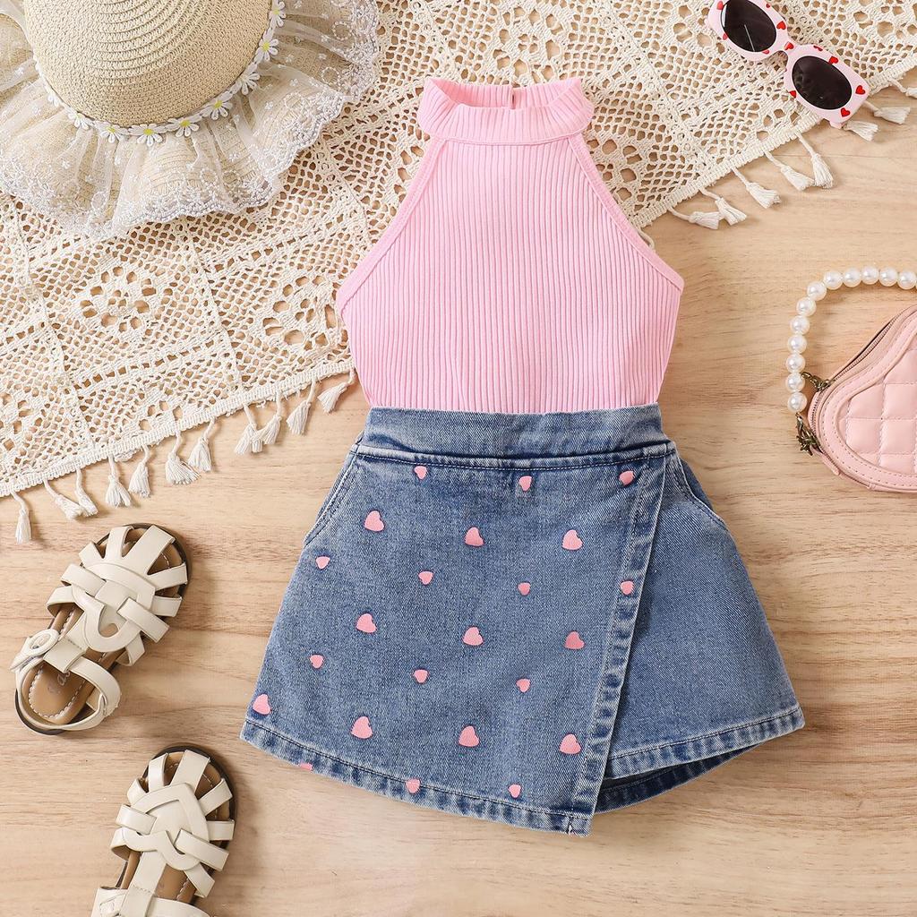 Mädchen Mode Set 2025 Sommer Kinder Freizeit Einfarbig Ärmelloses Top Denim Herz-bedruckte Shorts 2-teiliges Set
