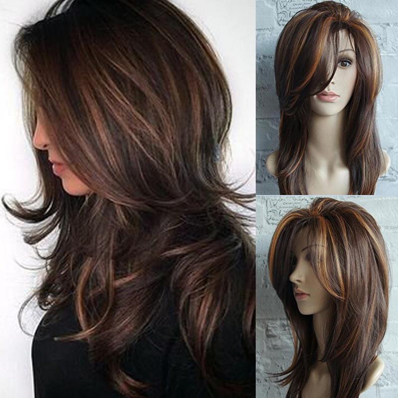 Parrucca Lunga Ondulata Riccia Completa da Donna Capelli Castani Parrucca per Cosplay