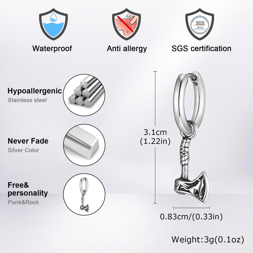 Vnox Viking Axe Hoop Earrings for Men Stainless Steel Drop Dangle Norse Mythology Jewelry Gift
